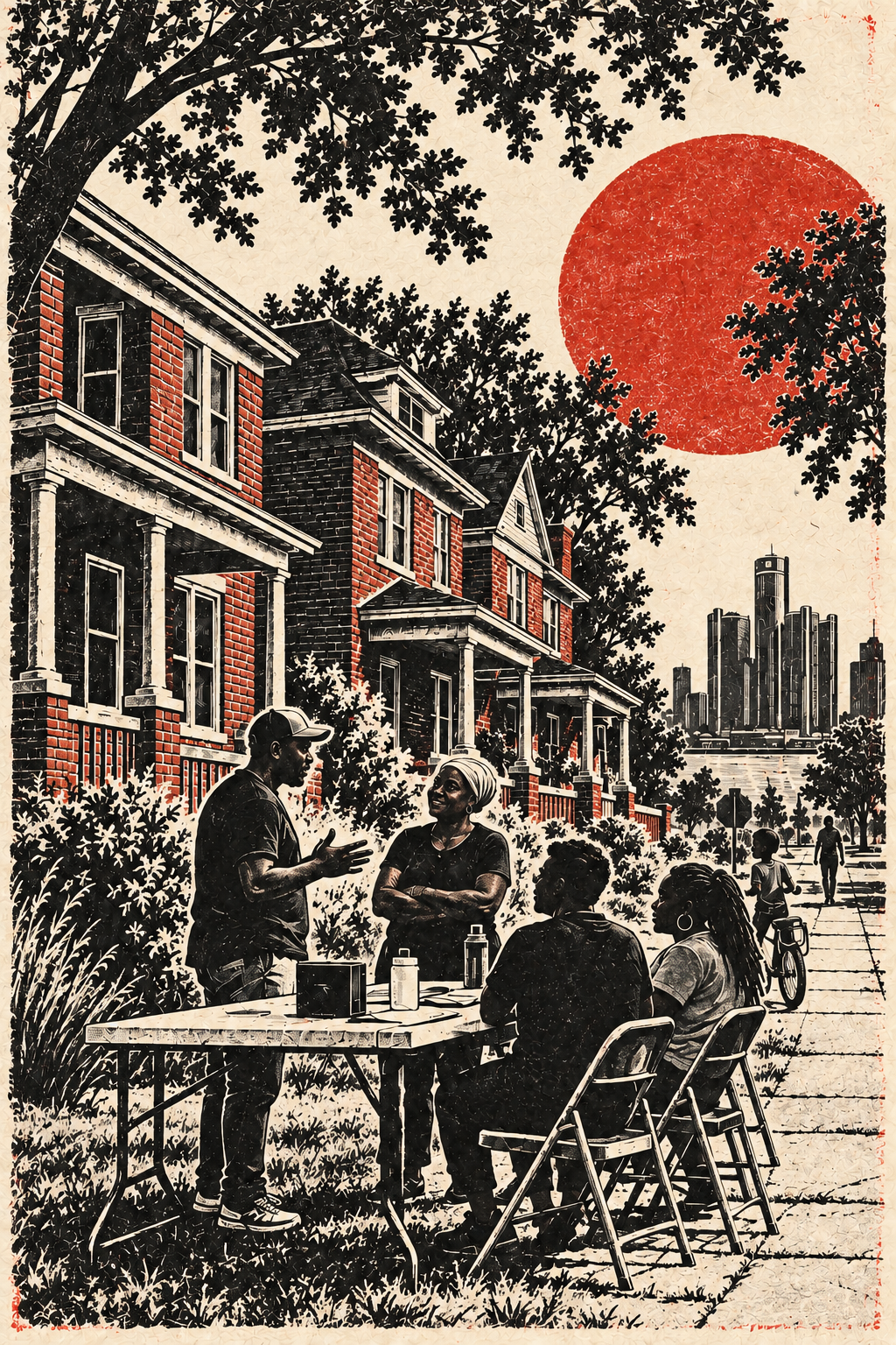 Project concept poster showing neighbors gathered around a table on a Detroit residential street